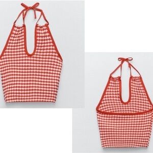 Zara red white printed knit halter crop top Sz S NWT